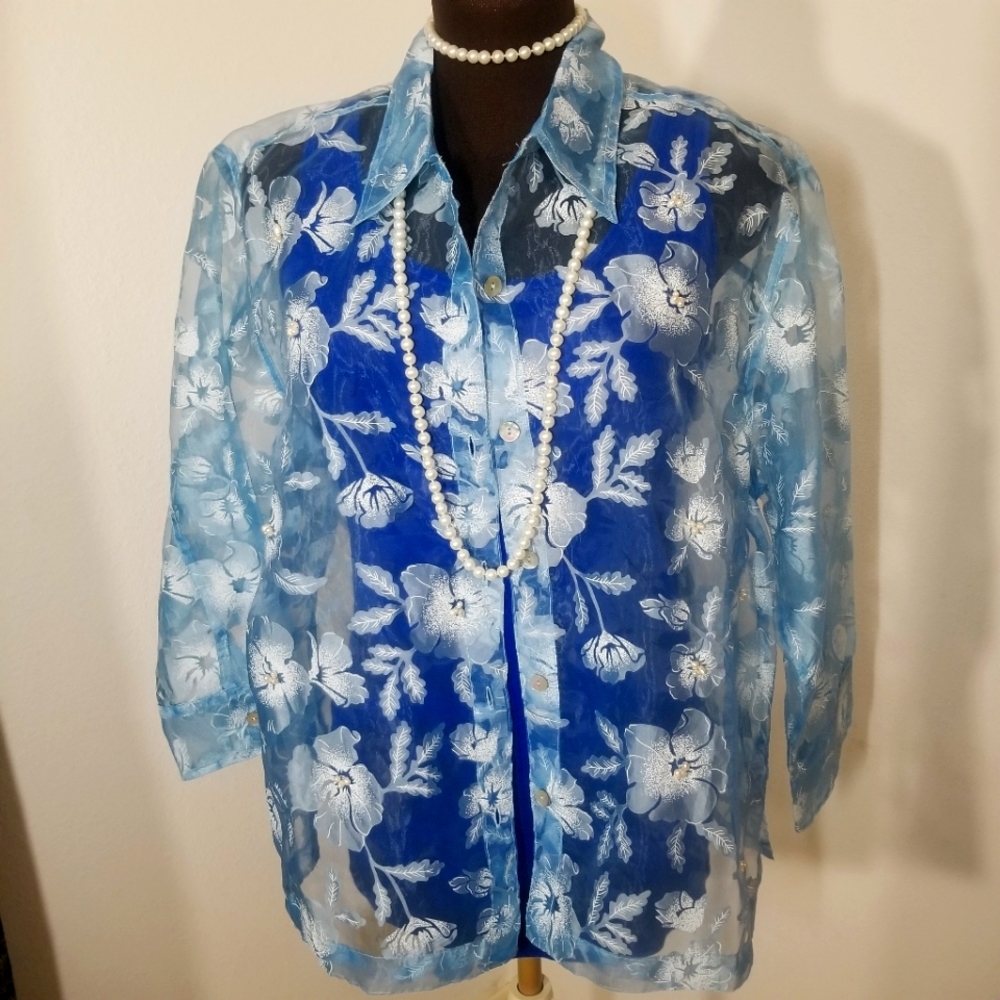 Graff by Um Company Sheer Floral Button Down Blouse Top with Real Pearls Large